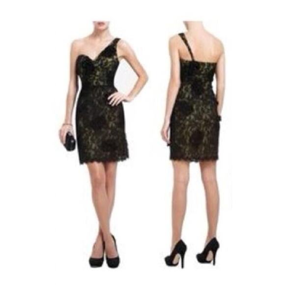 BCBGMaxAzria Jennifer One Shoulder Black Yellow Lace Floral Sheath Dress 0 XS - Picture 3 of 12